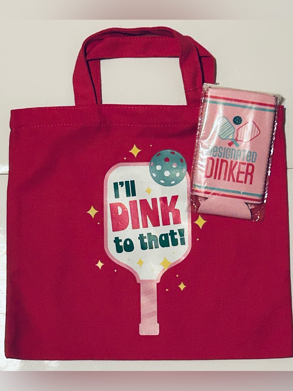 NEW! Pickleball Collection Pink Canvas Hand Tote And Koozie Can Cooler Set (NWT)